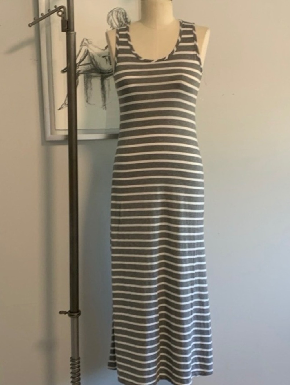 Y2K 2000s Vintage Myth Gray White Striped Tank Maxi Dress Lace S Made in USA